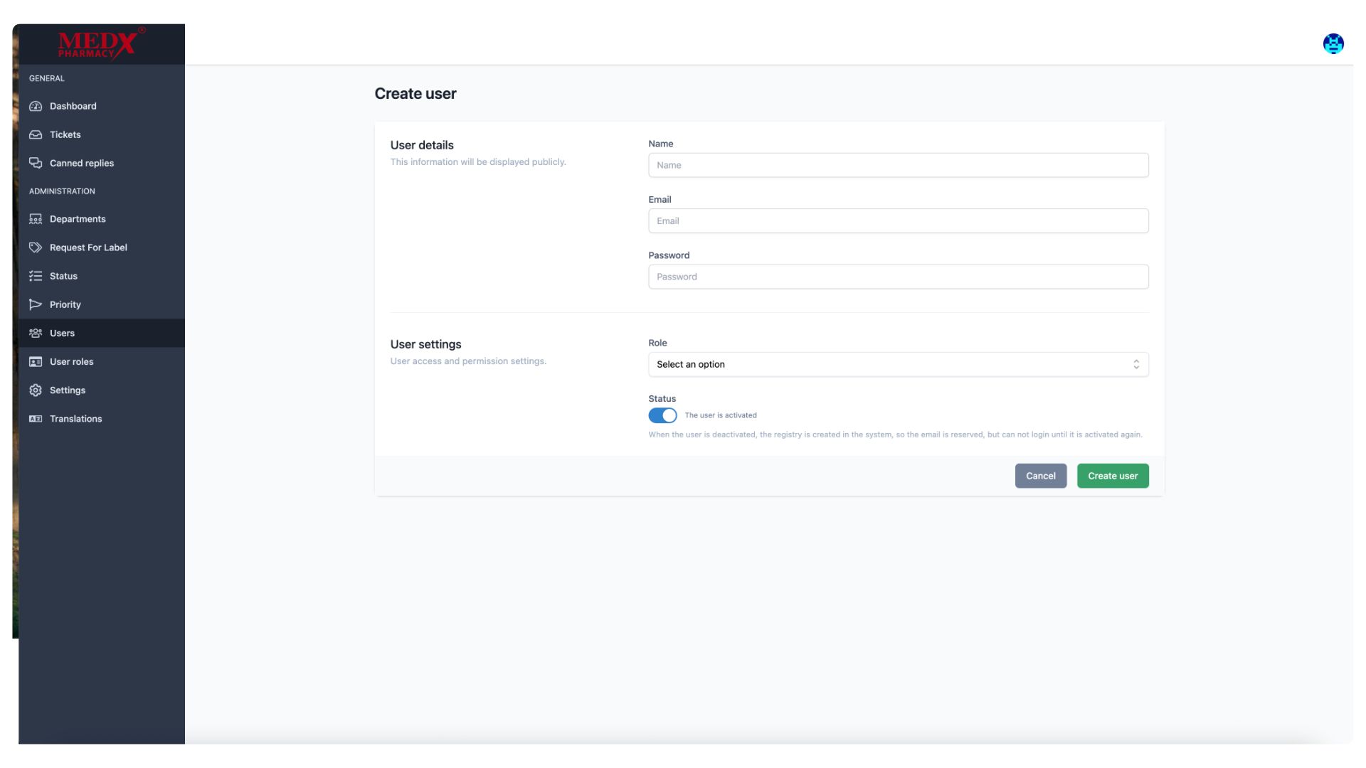 Medx Internal Tickting System - Create User