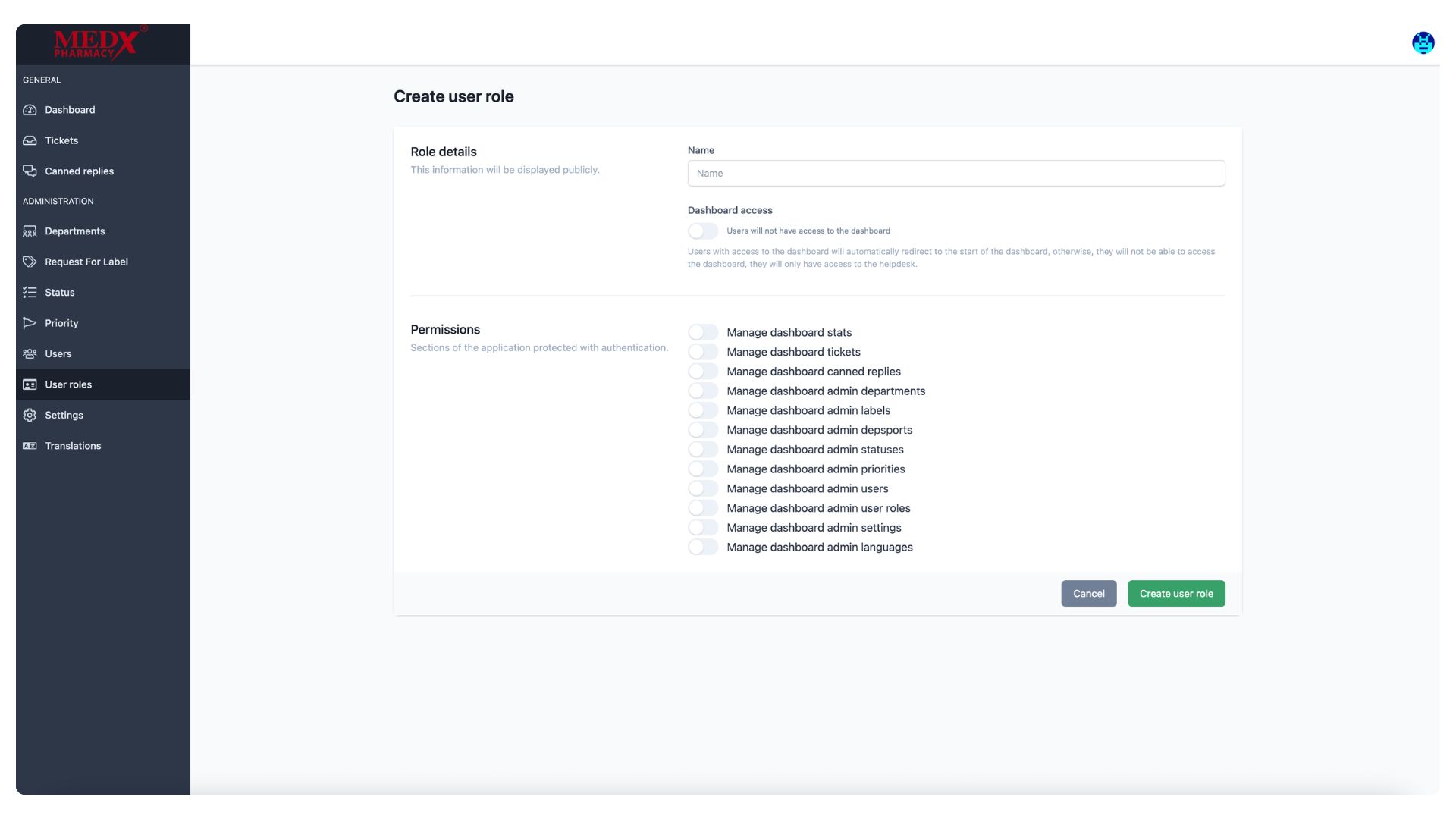 Medx Internal Tickting System - Create User Role