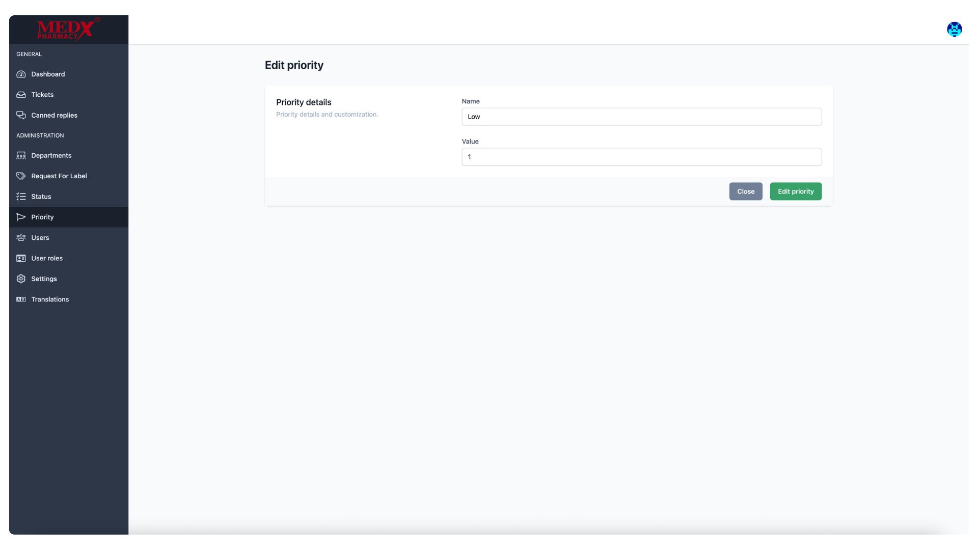 Medx Internal Tickting System - Edit Priority