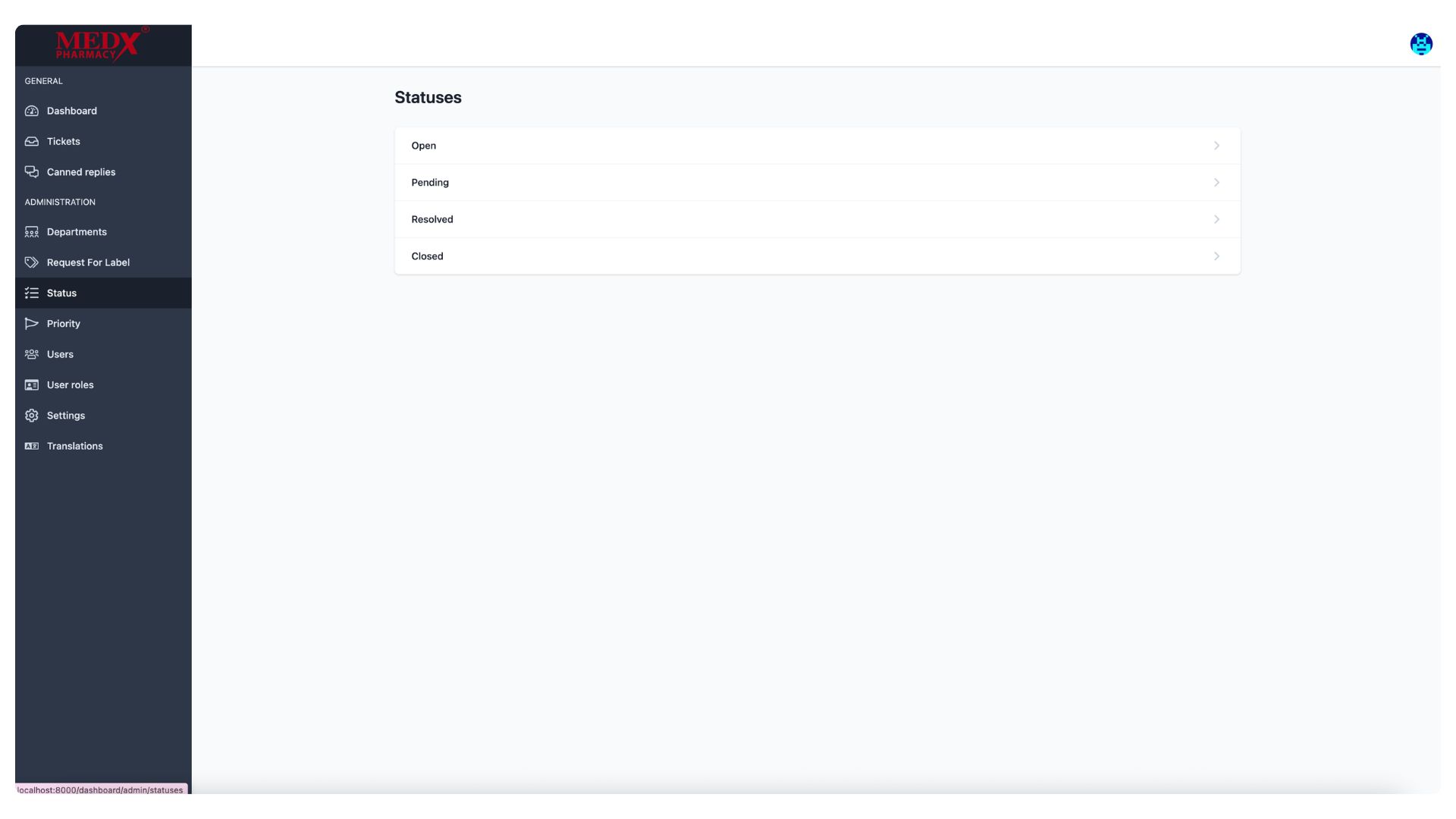 Medx Internal Tickting System - Statuses