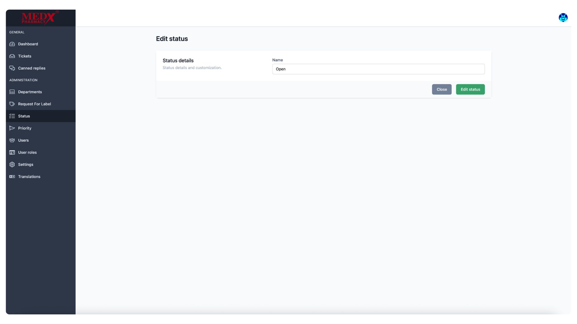 Medx Internal Tickting System - Edit Statuses