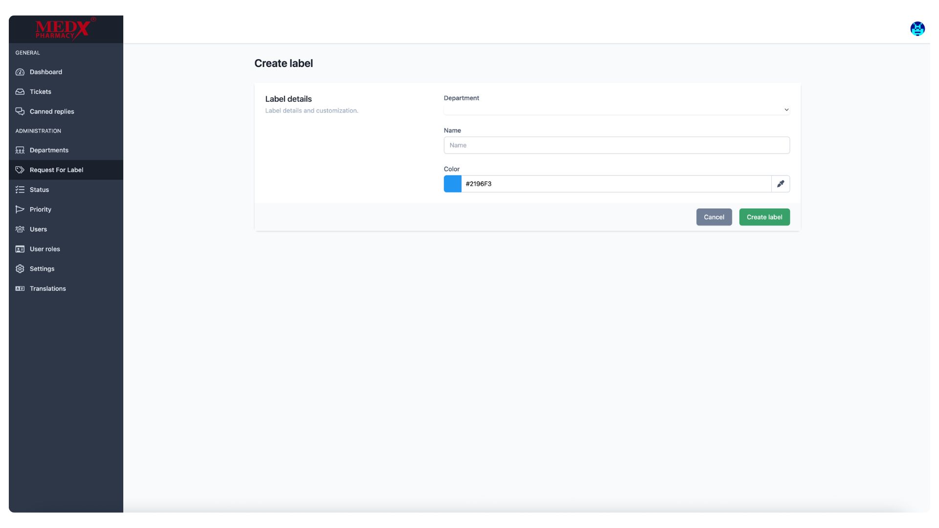 Medx Internal Tickting System - Create Label