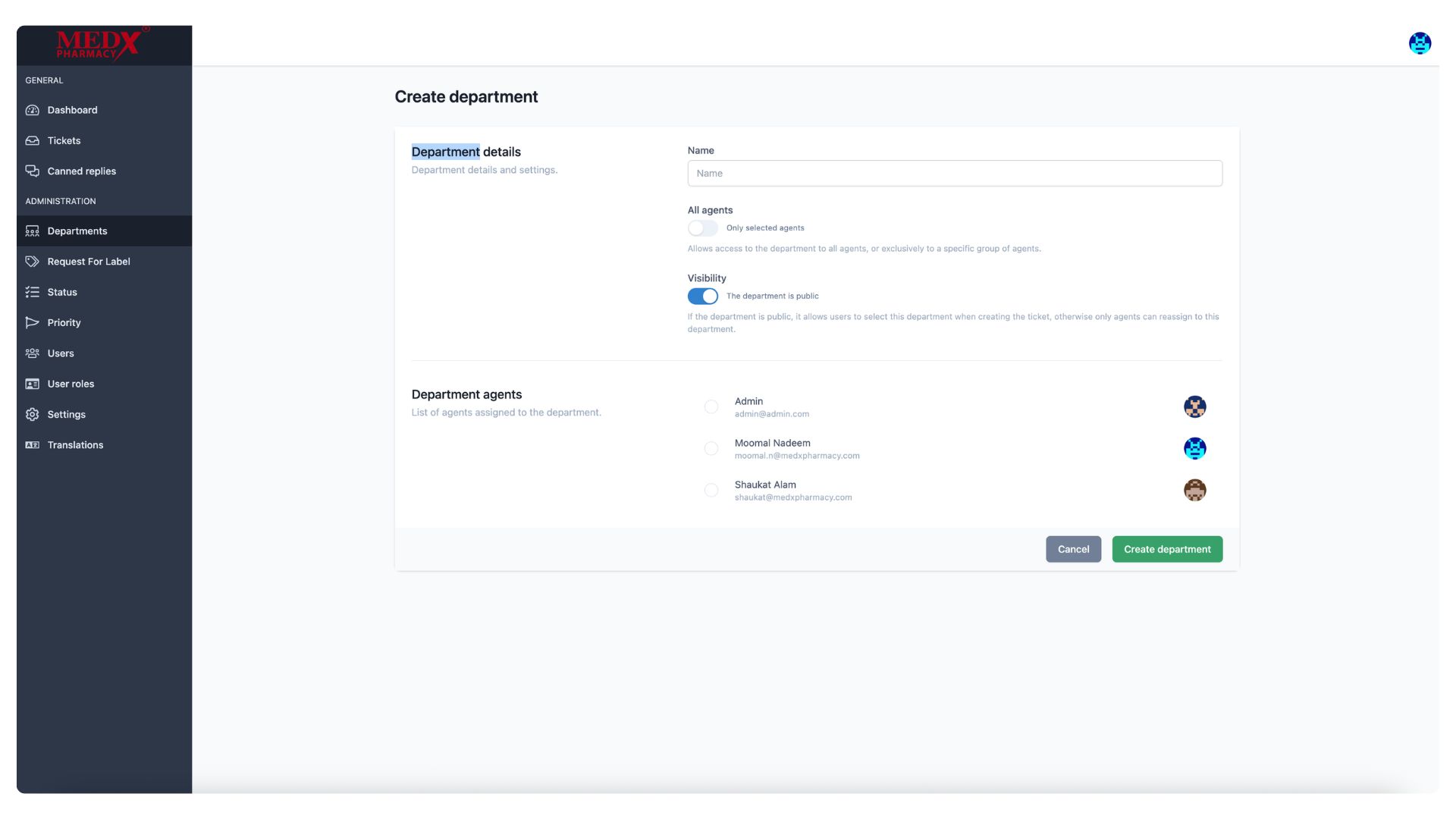 Medx Internal Tickting System - Create Department