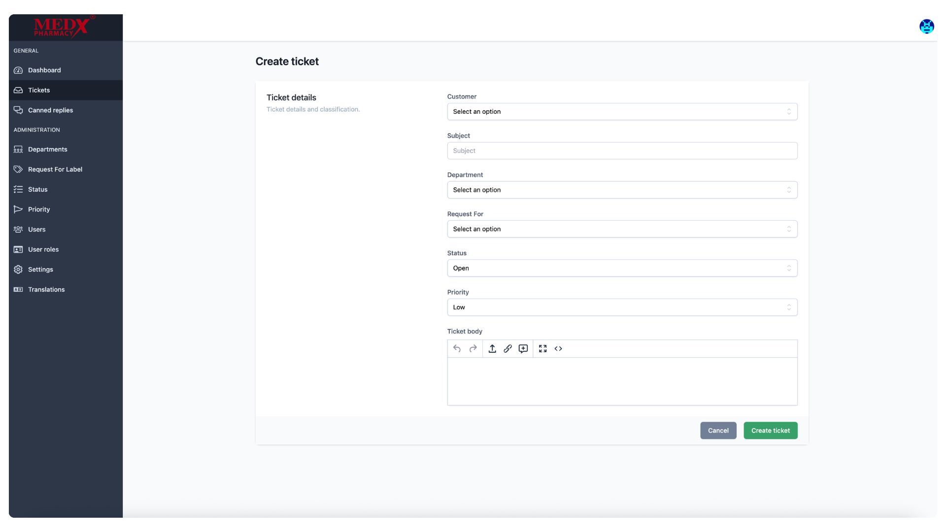 Medx Internal Tickting System - Create Ticket