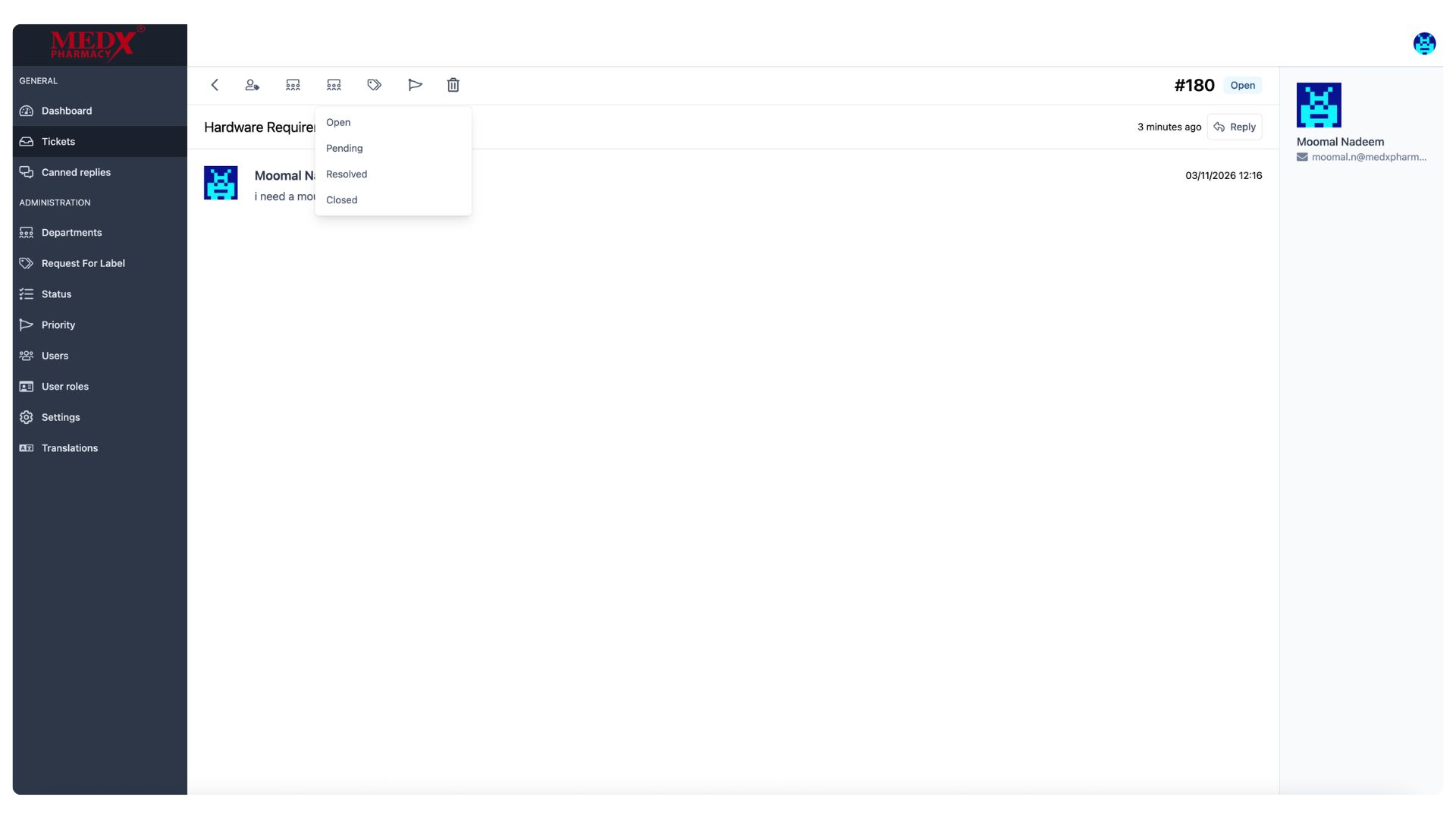 Medx Internal Tickting System - Ticket Status Update