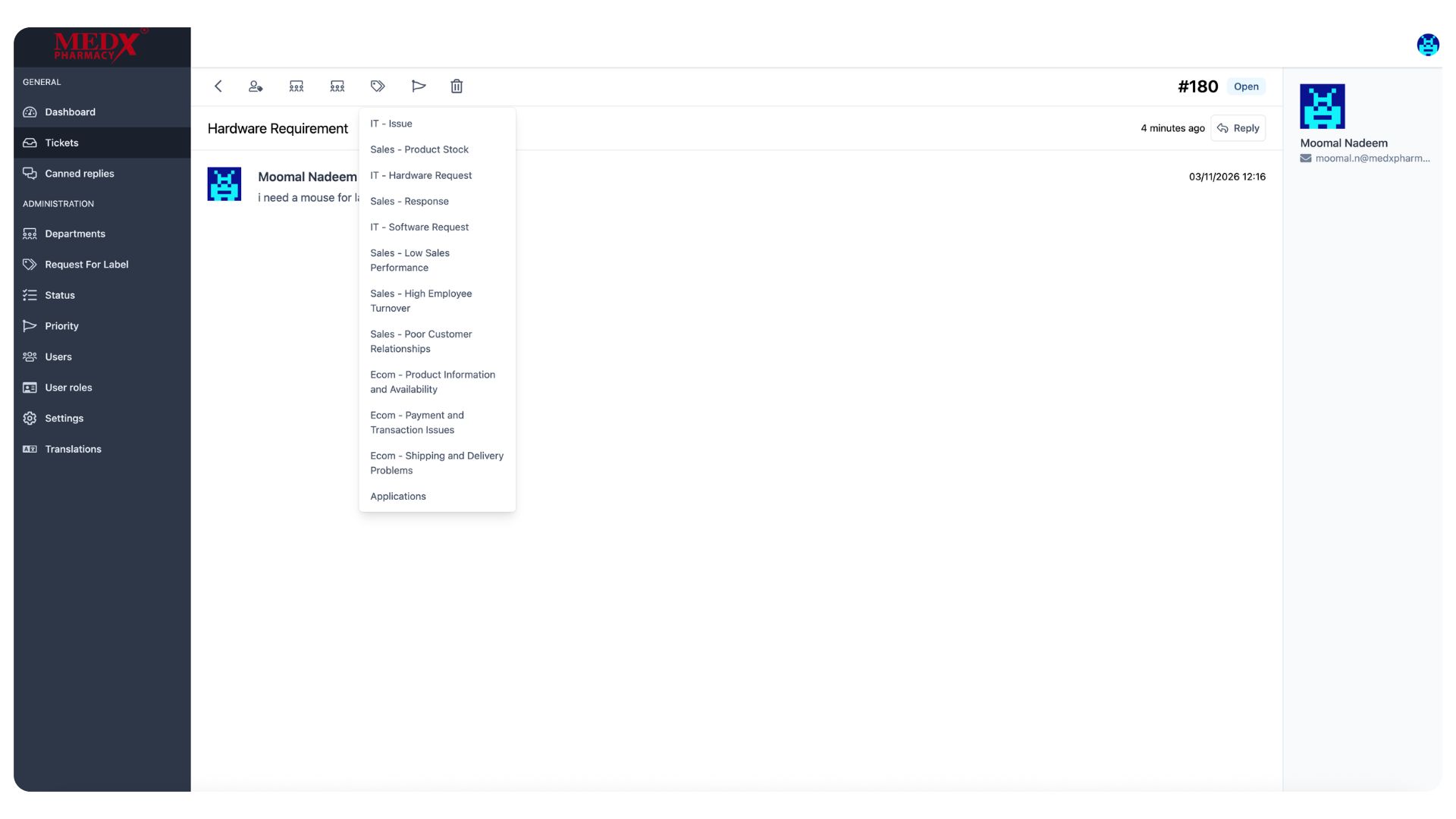 Medx Internal Tickting System - Ticket Label Assignment