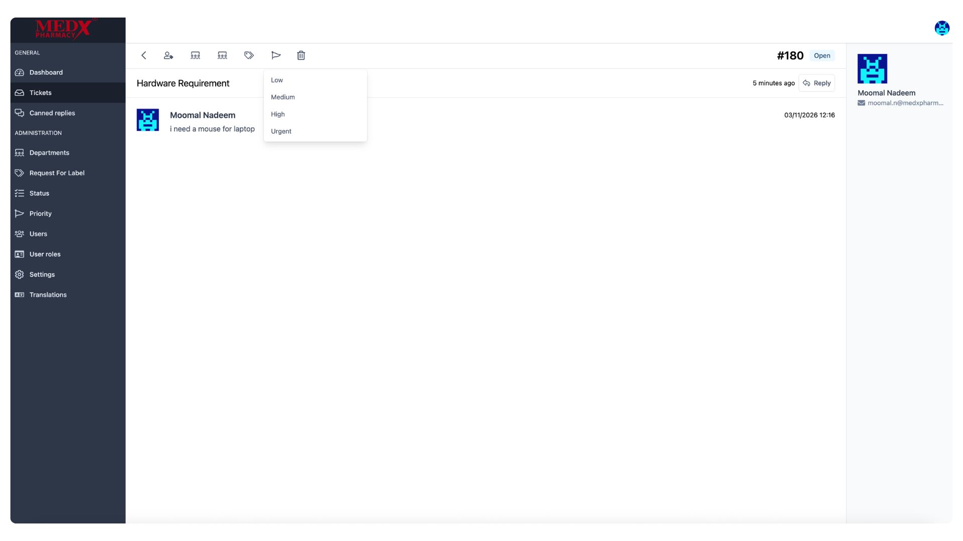 Medx Internal Tickting System - Ticket Priority Assignment