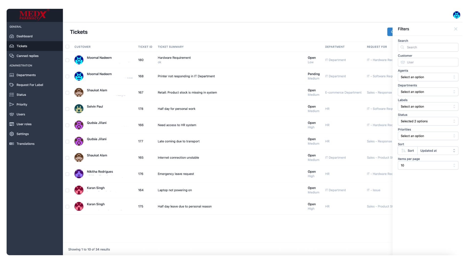 Medx Internal Tickting System - Ticket Filters sidebar