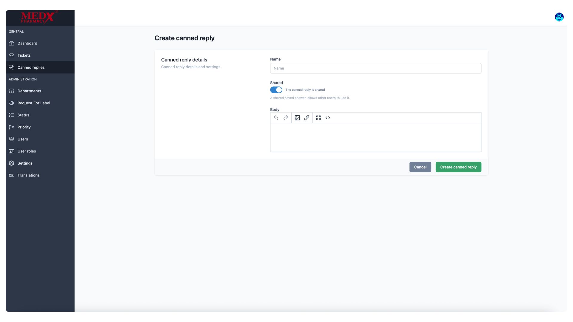 Medx Internal Tickting System - Create Canned Reply