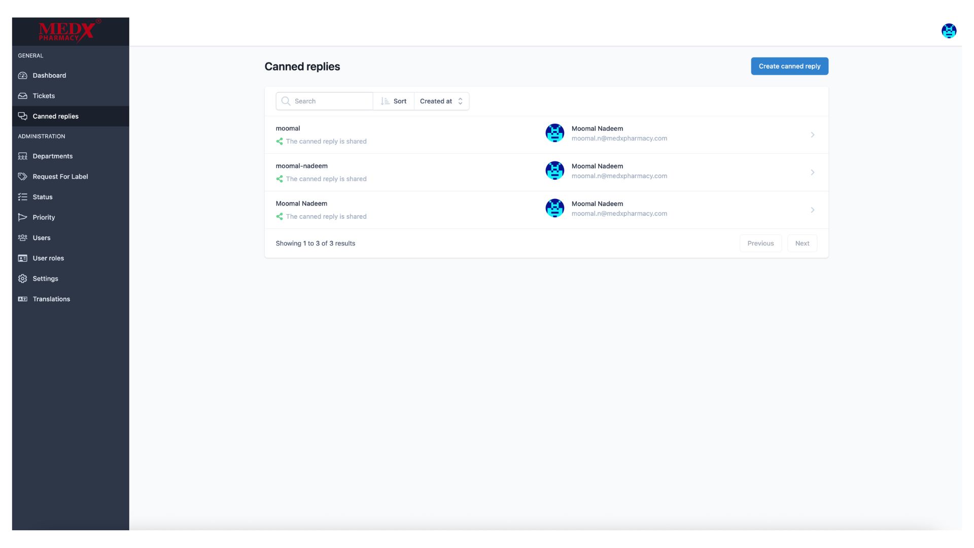 Medx Internal Tickting System - Canned Replies