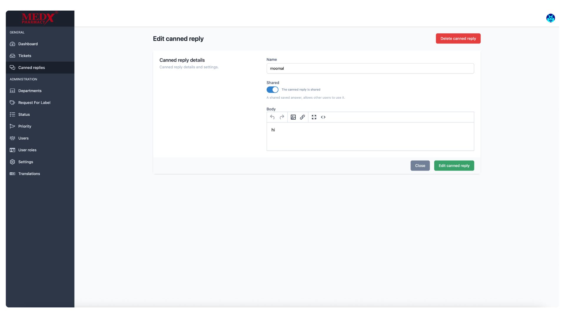 Medx Internal Tickting System - Edit Canned Reply
