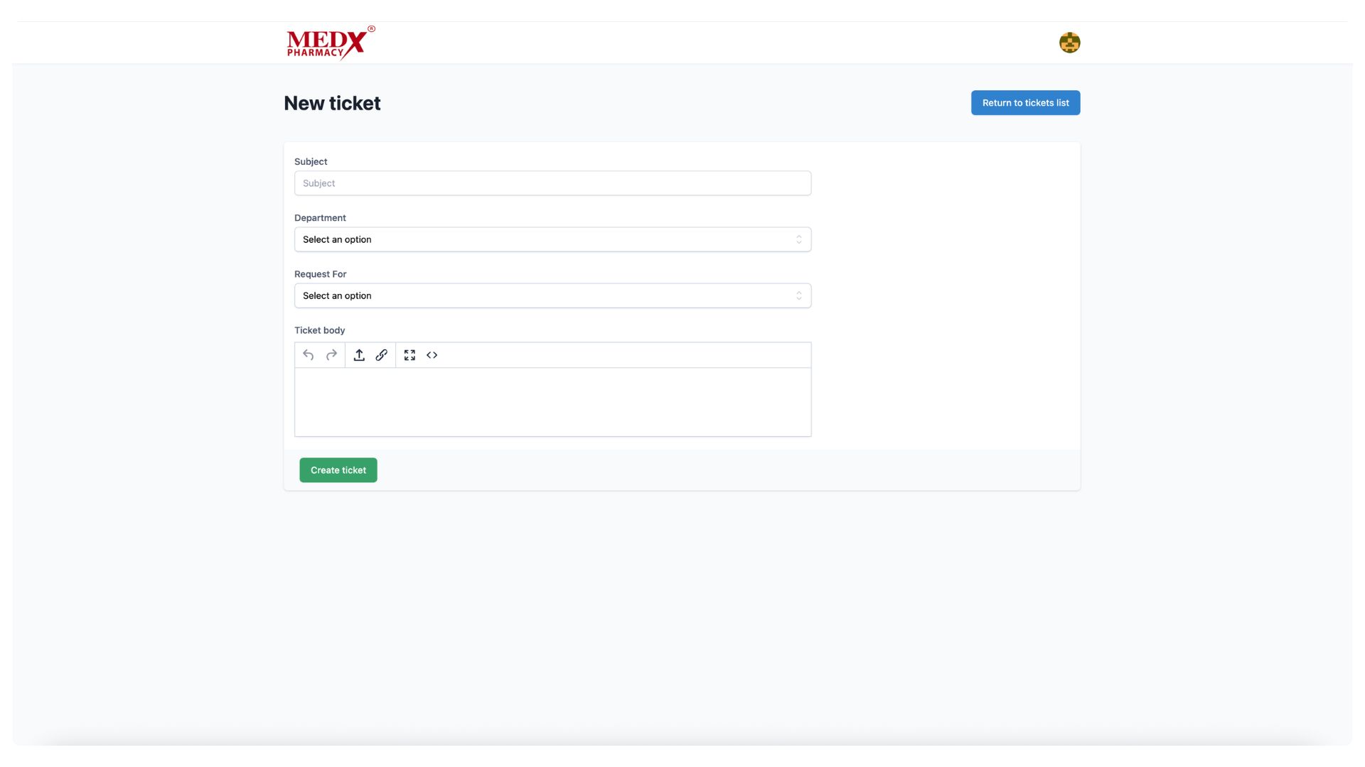Medx Internal Tickting System - New Ticket (Employee View)