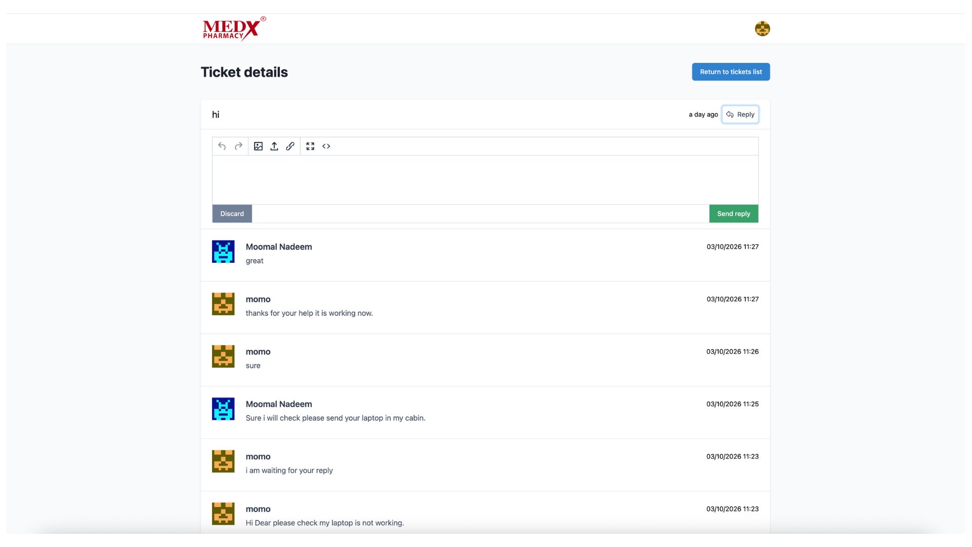 Medx Internal Tickting System - Ticket Reply (Employee View)